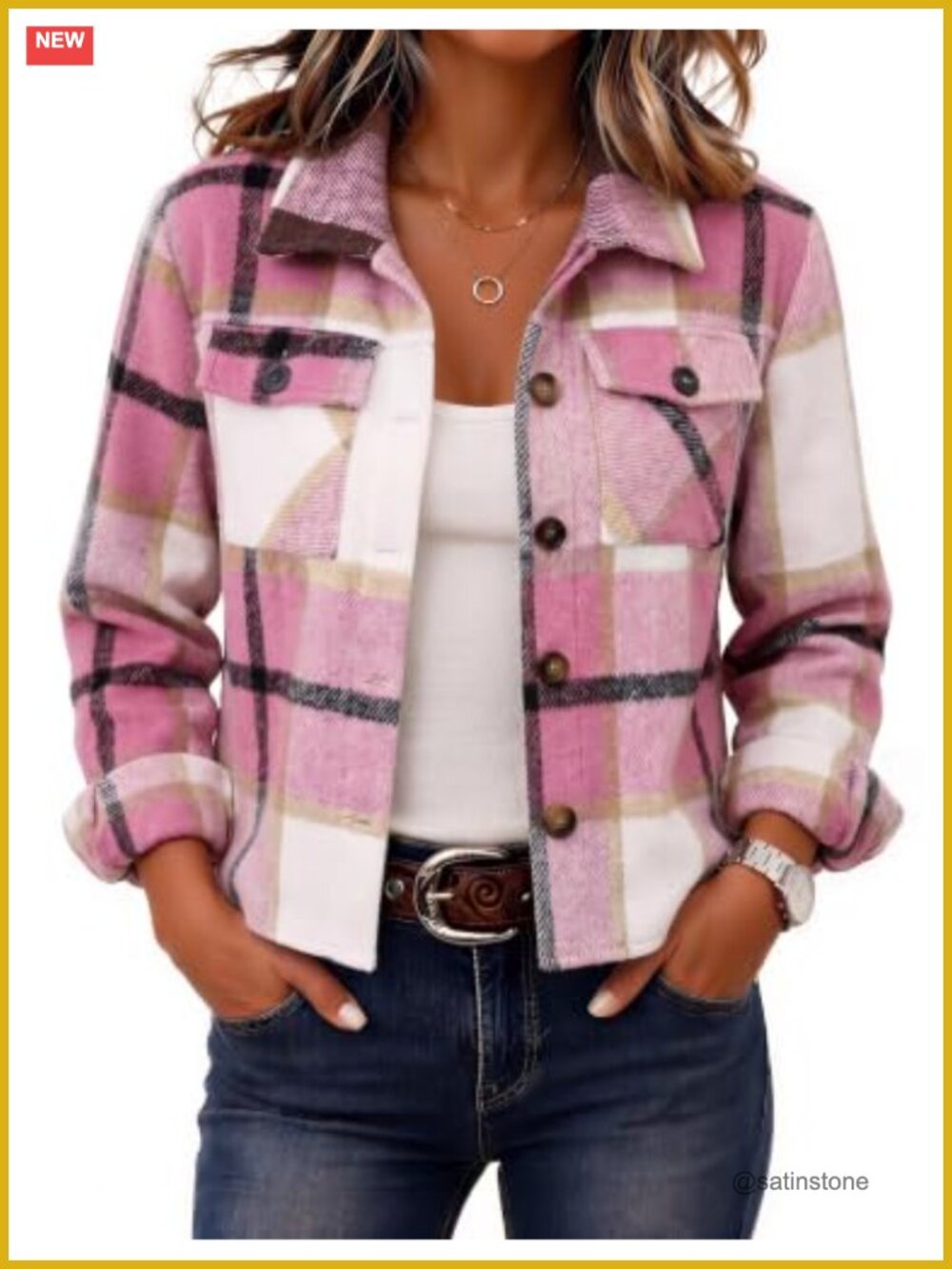 Women Cropped Flannel Plaid Shacket Jacket Casual
